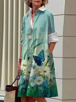 Women's Shirt Dress Casual Dress Midi Dress Outdoor Office Daily Polyester Fashion Modern Shirt Collar Button Pocket Long Sleeve Fall Winter 2023 Loose Fit ArmyGreen White Blue Floral S M L XL 2XL -HANA Luxury Wear Shop arzrue1693226875269