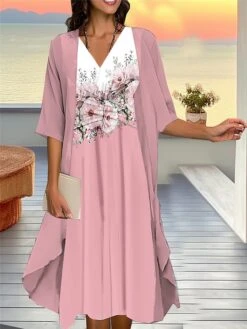 Women's Two Piece Dress Set Casual Dress Chiffon Dress Outdoor Daily Fashion Streetwear Knot Front Print Midi Dress V Neck 3/4 Length Sleeve Floral Regular Fit Pink Blue Purple Fall Winter S M L XL -HANA Luxury Wear Shop asfvry1693534942504