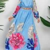 Women's Two Piece Dress Set Casual Dress Skirt Set Daily Going Out Casual Ruched Print Long Dress Maxi Dress Off Shoulder Long Sleeve Floral Regular Fit Blue Green Rose Red Fall Winter S M L XL XXL -HANA Luxury Wear Shop askqnx1692339422808
