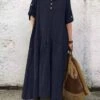 Women's Casual Dress Cotton Linen Dress Black Dress Maxi Long Dress Cotton Blend Basic Casual Outdoor Daily V Neck Button Pocket Long Sleeve Summer Spring Fall 2023 Loose Fit ArmyGreen Navy Blue Khaki -HANA Luxury Wear Shop asqwlx1678778565692