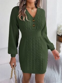 Women's Sweater Dress Winter Dress Jumper Dress Mini Dress Active Pure Color Outdoor Casual Holiday Vacation V Neck Long Sleeve Button 2023 Regular Fit White Pink Green S M L -HANA Luxury Wear Shop aswddl1696926540057