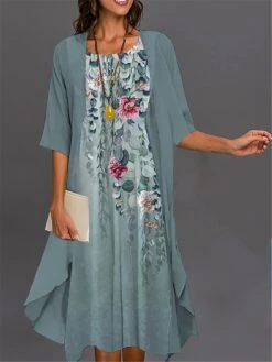 Women's Two Piece Dress Set Casual Dress Print Dress Outdoor Daily Fashion Elegant Print Midi Dress Crew Neck 3/4 Length Sleeve Floral Butterfly Loose Fit Pink Navy Blue Royal Blue Summer Spring S M -HANA Luxury Wear Shop atgvdg1689579993774