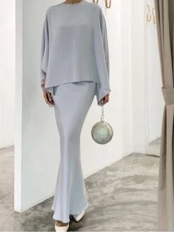 Women's Two Piece Dress Set Casual Dress Skirt Set Daily Going Out Elegant Modern Ruffle Long Dress Maxi Dress Stand Collar Long Sleeve Plain Regular Fit Silver Black White Fall Winter S M L XL XXL -HANA Luxury Wear Shop ativvc1693386803830