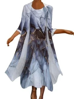 Women's Dress Set Two Piece Dress Shift Dress Midi Dress Dusty Blue Long Sleeve Print Print Summer Spring Crew Neck Stylish Winter Dress Fall Dress Loose Fit 2023 S M L XL XXL 3XL 4XL 5XL -HANA Luxury Wear Shop atrwty1663919422963