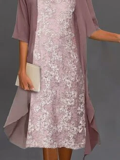 Women's Two Piece Dress Set Lace Dress Work Dress Office Wedding Guest Fashion Work Lace Midi Dress Crew Neck 3/4 Length Sleeve Floral Loose Fit Pink Fall Winter S M L XL XXL -HANA Luxury Wear Shop atsetw1697081503194