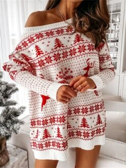 Women‘s Christmas Sweater Dress Jumper Dress Winter Dress Fashion Ugly Christmas Outdoor Christmas Daily Going Out Crew Neck Long Sleeve Patchwork 2023 Loose Fit White Red S M L XL -HANA Luxury Wear Shop atstax1694602153261