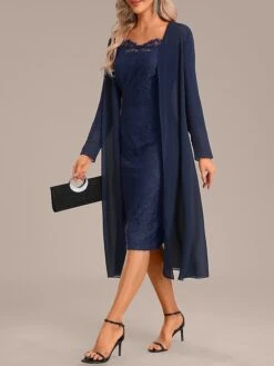 Women's Two Piece Dress Set Party Dress Lace Dress Party Outdoor Fashion Streetwear Lace Midi Dress Off Shoulder Long Sleeve Plain Regular Fit Navy Blue Fall Winter S M L XL XXL -HANA Luxury Wear Shop atxged1697450715916