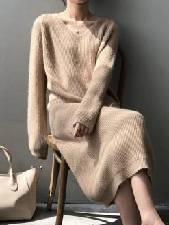 Women's Sweater Dress Winter Dress Jumper Dress Midi Dress Ribbed Daily Date Going Out Active Fashion V Neck Long Sleeve 2023 Loose Fit White Pink Khaki Color M Size -HANA Luxury Wear Shop aumict1692687722518