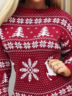 Women‘s Christmas Sweater Dress Jumper Dress Winter Dress Warm Geometric Tree Print Outdoor Christmas Casual Daily Crew Neck Long Sleeve 2023 Regular Fit Red S M L XL -HANA Luxury Wear Shop avbgpz1694165720452
