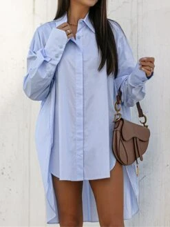 Women's Shirt Dress Casual Dress Mini Dress Outdoor Daily Vacation Cotton Fashion Modern Shirt Collar Button Split Long Sleeve Fall Winter 2023 Loose Fit Black White Blue Pure Color XS S M L XL -HANA Luxury Wear Shop avesrw1695813917191