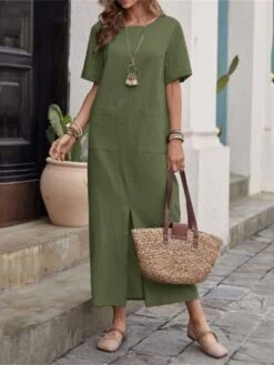 Women's Casual Dress Cotton Linen Dress Shift Dress Midi Dress Cotton Blend Fashion Classic Outdoor Daily Vacation Crew Neck Pocket Split Short Sleeve Summer Spring 2023 Loose Fit ArmyGreen Wine Navy -HANA Luxury Wear Shop avjahn1686883748327