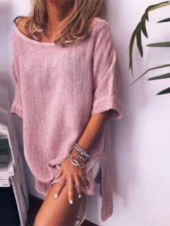 Women's Cotton Linen Dress A Line Dress Mini Dress Cotton Blend Casual Comfort Home Daily Crew Neck Rolled Cuff Half Sleeve Summer Spring Loose Fit White Pink Blue Pure Color S M L XL 2XL -HANA Luxury Wear Shop avpkoc1654067365761