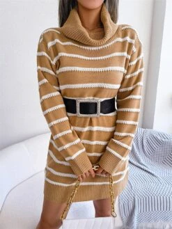 Women's Sweater Dress Jumper Dress Casual Dress Mini Dress Fashion Stripe Outdoor Daily Going Out Turtleneck Long Sleeve 2023 Loose Fit Black Khaki S M L -HANA Luxury Wear Shop avqisk1694756408566
