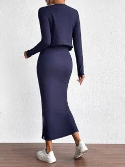 Women's Two Piece Dress Set Skirt Set Chiffon Dress School Halloween Punk Work Lace Up Patchwork Midi Dress Halter Neck Long Sleeve Geometric Color Block Slim Navy Blue Fall Winter S M L XL -HANA Luxury Wear Shop avqqfg1697525053157