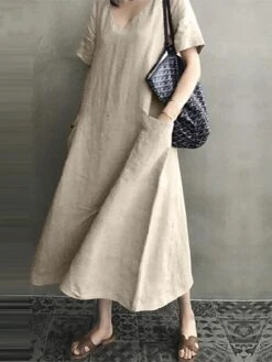 Women's Linen Dress Shift Dress Midi Dress Black Pink Apricot Short Sleeve Pure Color Pocket Summer Spring Fall Crew Neck Basic Loose Fit 2023 M L XL 2XL 3XL 4XL 5XL -HANA Luxury Wear Shop avrnaz1624443206882