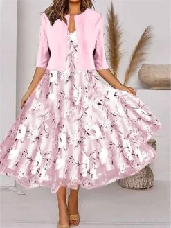 Women's Two Piece Dress Set Casual Dress Chiffon Dress Outdoor Daily Fashion Elegant Print Midi Dress V Neck Half Sleeve Floral Regular Fit Black Pink Gray Summer Spring S M L XL XXL -HANA Luxury Wear Shop awfsmx1684378557041