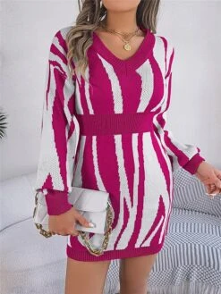 Women's Sweater Dress Winter Dress Jumper Dress Mini Dress Warm Stripe Outdoor Casual Holiday Vacation V Neck Long Sleeve Patchwork 2023 Loose Fit Green Khaki Rose Red S M L -HANA Luxury Wear Shop awyxvf1696926506513
