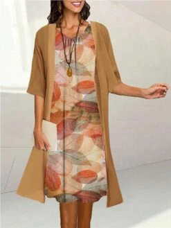 Women's Two Piece Dress Set Casual Dress Print Dress Outdoor Daily Fashion Elegant Print Midi Dress Crew Neck 3/4 Length Sleeve Floral Loose Fit Black Yellow Purple Summer Spring S M L XL XXL -HANA Luxury Wear Shop axuotg1690171230798