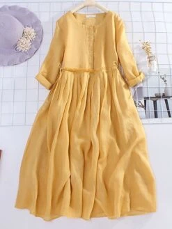 Women's Casual Dress Cotton Linen Dress Midi Dress Linen / Cotton Blend Basic Classic Outdoor Daily Vacation Crew Neck Ruched 3/4 Length Sleeve Fall Autumn 2023 Loose Fit Yellow Blue Plain M L XL 2XL -HANA Luxury Wear Shop axxoou1693226284420