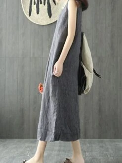 Women's Casual Dress Cotton Linen Dress Shift Dress Maxi Long Dress Cotton Blend Casual Daily Holiday Vacation Crew Neck Pocket Cold Shoulder Sleeveless Summer Spring 2023 Regular Fit Black Gray Pure -HANA Luxury Wear Shop ayqelz1679376652662