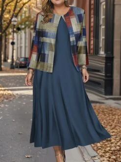 Women's Plus Size Two Piece Dress Set Casual Dress Swing Dress Outdoor Office Fashion Streetwear Print Midi Dress Crew Neck Long Sleeve Plaid Regular Fit Black Blue Brown Fall Winter L XL XXL 3XL 4XL -HANA Luxury Wear Shop azehfb1697782563962