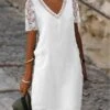 Women's Casual Dress Cotton Linen Dress Shift Dress Midi Dress Cotton Blend Modern Casual Daily Vacation V Neck Lace Hollow Out Short Sleeve Summer Spring 2023 Regular Fit White Pure Color S M L XL -HANA Luxury Wear Shop baiuws1678326348853