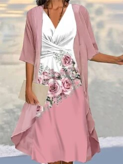Women's Two Piece Dress Set Casual Dress Chiffon Dress Outdoor Daily Fashion Streetwear Knot Front Print Midi Dress V Neck 3/4 Length Sleeve Floral Regular Fit Black Pink Blue Fall Winter S M L XL XXL -HANA Luxury Wear Shop baqjja1693972033350