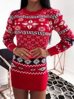 Women‘s Christmas Sweater Dress Jumper Dress Winter Dress Fashion Ugly Christmas Outdoor Christmas Daily Vacation Crew Neck Long Sleeve Patchwork 2023 Regular Fit Wine Blue Apricot S M
