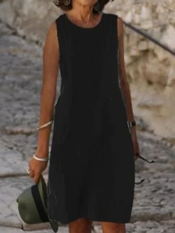 Women's Casual Dress Cotton Dress Shift Dress Midi Dress Cotton Blend Fashion Basic Outdoor Daily Vacation U Neck Pocket Sleeveless Summer Spring Fall 2023 Loose Fit Light Blue Black White Plain S M -HANA Luxury Wear Shop bbkbpw1683783829692