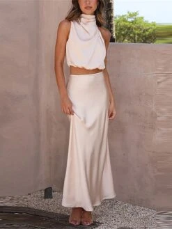 Women's Two Piece Dress Set Casual Dress Skirt Set Daily Holiday Fashion Sexy Ruched Long Dress Maxi Dress Stand Collar Sleeveless Plain Regular Fit Black White Light Green Summer Spring S M L XL -HANA Luxury Wear Shop bbvgfs1690857197498