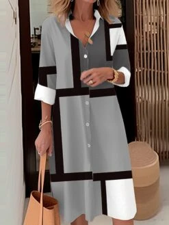Women's Shirt Dress Casual Dress Midi Dress Outdoor Office Daily Polyester Fashion Modern Shirt Collar Button Pocket Long Sleeve Fall Winter 2023 Loose Fit Pink Sky Blue Orange Geometric Plaid S M L -HANA Luxury Wear Shop bcvura1693797213673