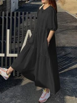 Women's Casual Dress Cotton Linen Dress Swing Dress Maxi Long Dress Cotton Blend Basic Casual Outdoor Daily Holiday Crew Neck Ruched Pocket Half Sleeve Summer Spring 2023 Loose Fit Black White Red -HANA Luxury Wear Shop bdbqui1657768778044