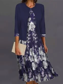 Women's Two Piece Dress Set Casual Dress Swing Dress Outdoor Office Fashion Streetwear Print Midi Dress Crew Neck 3/4 Length Sleeve Floral Regular Fit Black Purple Green Fall Winter S M L XL XXL -HANA Luxury Wear Shop bdrhbf1695364272615