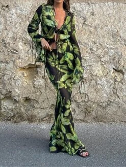 Women's Two Piece Dress Set Casual Dress Skirt Set Daily Going Out Casual Drawstring Cut Out Long Dress Maxi Dress V Neck Long Sleeve Print Slim Green Fall S M L -HANA Luxury Wear Shop beazpx1693374467269