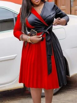 Women's Shirt Dress Casual Dress Midi Dress Outdoor Daily Date Polyester Fashion Casual Shirt Collar Lace Up Pleated 3/4 Length Sleeve Spring Fall Winter 2023 Regular Fit Yellow Red Blue Color Block -HANA Luxury Wear Shop bevnjo1695027666496