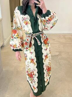 Women's Shirt Dress Casual Dress Maxi Long Dress Outdoor Daily Date Linen Fashion Casual V Neck Lace Up Button Long Sleeve Fall Winter 2023 Regular Fit Apricot Floral S M L XL 2XL