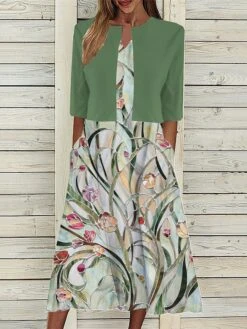 Women's Two Piece Dress Set Casual Dress Tank Dress Outdoor Daily Fashion Streetwear Pocket Print Midi Dress V Neck 3/4 Length Sleeve Floral Regular Fit Navy Blue Blue Purple Summer Spring S M L XL -HANA Luxury Wear Shop bffbcd1689736426438