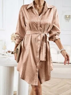 Women's Shirt Dress Midi Dress Outdoor Date Vacation Satin Fashion Elegant Shirt Collar Lace Up Button Long Sleeve Spring Fall Winter 2023 Loose Fit Black Wine Brown Pure Color S M L XL -HANA Luxury Wear Shop bflvcw1692856943331