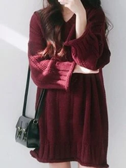 Women's Sweater Dress Jumper Dress Knit Dress Mini Dress Warm Pure Color Outdoor Home Casual Vacation V Neck Long Sleeve 2023 Loose Fit Black Burgundy Apricot One Size -HANA Luxury Wear Shop bfpdsd1694166174292