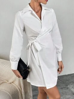Women's Shirt Dress Casual Dress Sheath Dress Mini Dress Outdoor Daily Vacation Polyester Fashion Modern Shirt Collar Lace Up Long Sleeve Spring Fall Winter 2023 Regular Fit ArmyGreen Black White -HANA Luxury Wear Shop bgacww1695027667554