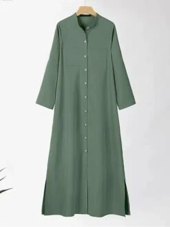 Women's Shirt Dress Casual Dress Maxi Long Dress Outdoor Daily Vacation Polyester Fashion Casual Shirt Collar Button Long Sleeve Summer Spring Fall 2023 Loose Fit Wine Navy Blue Green Plain S M L XL -HANA Luxury Wear Shop bgvxnr1689737492110