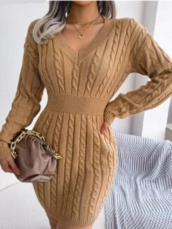Women‘s Sweater Dress Winter Dress Sheath Dress Blue Khaki White Long Sleeve Pure Color Knit Winter Fall V Neck Fashion Classic Lantern Sleeve Fit 2022 S M L White Dress -HANA Luxury Wear Shop bhghie1662432827989