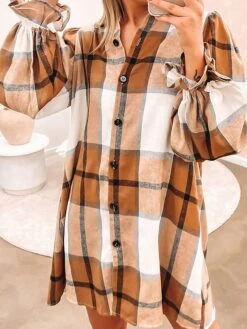 Women's Shirt Dress Casual Dress Mini Dress Outdoor Office Daily Fleece Fashion Modern Shirt Collar Ruffle Button Long Sleeve Fall Winter 2023 Loose Fit Khaki Plaid S M L XL 2XL