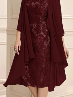 Women's Two Piece Dress Set Party Dress Lace Dress Party Outdoor Fashion Streetwear Lace Patchwork Midi Dress V Neck 3/4 Length Sleeve Plain Regular Fit Wine Fall Winter S M L XL XXL -HANA Luxury Wear Shop bhtfiz1697016768747