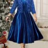 Women's Plus Size Two Piece Dress Set Velvet Dress Party Dress Party Wedding Guest Fashion Elegant Sequin Long Dress Maxi Dress V Neck 3/4 Length Sleeve Plain Regular Fit Blue Fall Winter L XL XXL -HANA Luxury Wear Shop bhtiil1697523763423