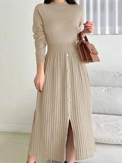 Women's Sweater Dress Winter Dress Jumper Dress Midi Dress Pleated Button Daily Date Going Out Fashion Basic Crew Neck Long Sleeve 2023 Slim Black Brown Green Color S M L XL Size -HANA Luxury Wear Shop bhtlig1692687925763