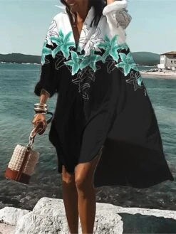 Women's Shirt Dress Casual Dress Swing Dress Mini Dress Outdoor Daily Vacation Polyester Fashion Casual Shirt Collar Button Print Long Sleeve Summer Spring Fall 2023 Loose Fit Black Red Blue Floral -HANA Luxury Wear Shop bhufbf1682662745553