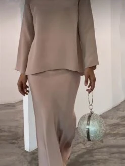 Women's Two Piece Dress Set Casual Dress Skirt Set Daily Going Out Elegant Modern Ruffle Long Dress Maxi Dress Stand Collar Long Sleeve Plain Regular Fit Silver Black White Fall Winter S M L XL XXL -HANA Luxury Wear Shop bhygso1693386806095