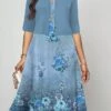 Women's Two Piece Dress Set Casual Dress Print Dress Outdoor Daily Fashion Elegant Print Midi Dress V Neck Half Sleeve Floral Regular Fit Blue Fuchsia Green Fall Winter S M L XL XXL