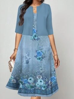 Women's Two Piece Dress Set Casual Dress Print Dress Outdoor Daily Fashion Elegant Print Midi Dress V Neck Half Sleeve Floral Regular Fit Blue Fuchsia Green Fall Winter S M L XL XXL